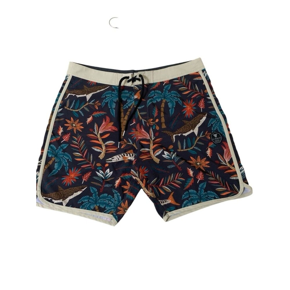 Vissla Board Shorts Mens SZ 38 Navy Tropical Shark Upcycled Coconut Poly Stretch